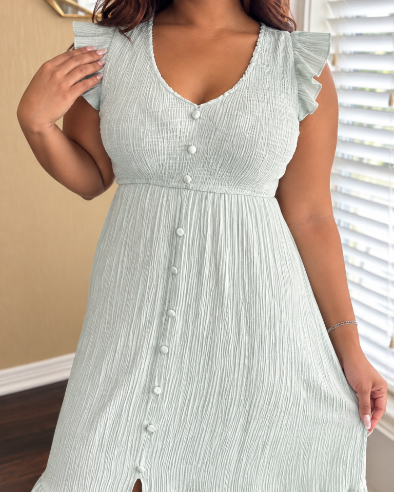 Sage Crinkle Flutter Midi Dress