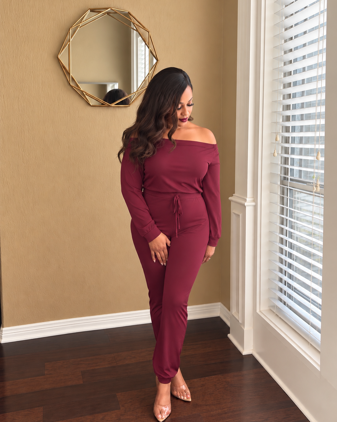 Burgundy Elegance Off-Shoulder Lounge Set