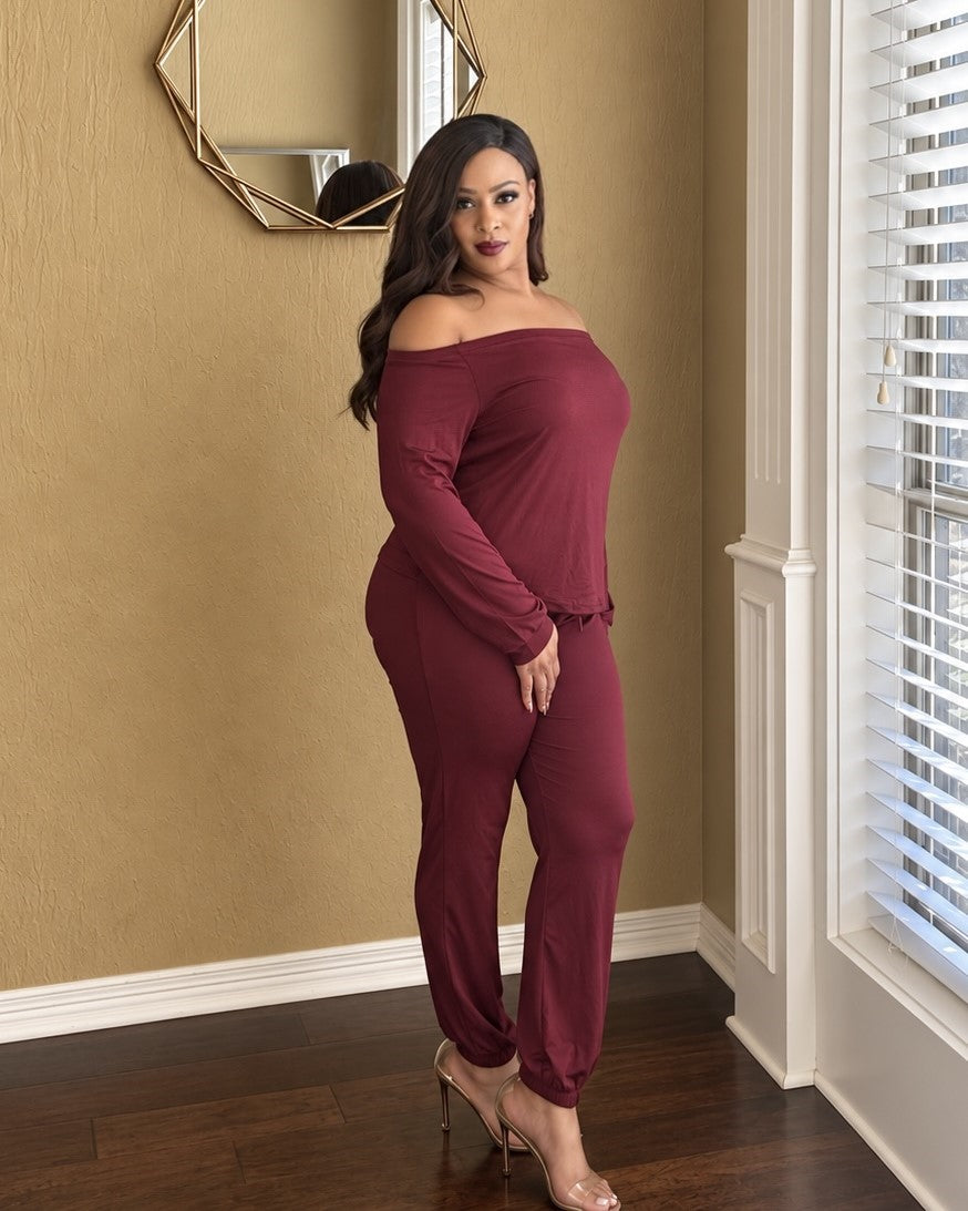 Burgundy Elegance Off-Shoulder Lounge Set